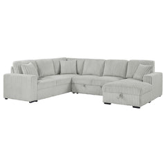 This versatile corduroy sleeper sectional effortlessly converts from cozy seating to a comfortable guest bed with its pop-up sleep surface. A spacious storage chaise keeps essentials at hand, while plush upholstery and three matching pillows provide lasti