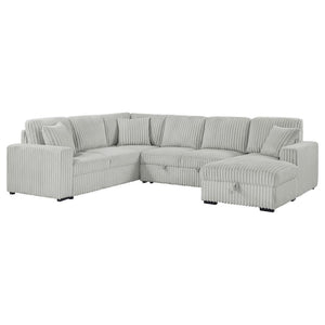 This versatile corduroy sleeper sectional effortlessly converts from cozy seating to a comfortable guest bed with its pop-up sleep surface. A spacious storage chaise keeps essentials at hand, while plush upholstery and three matching pillows provide lasti