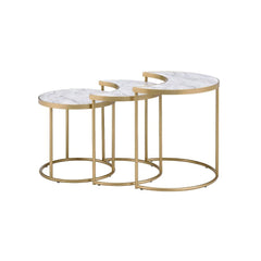 Nesting Tables (3Pc Set) â€¢ NO Storage â€¢ Half-Moon & Round Shape â€¢ Faux Marble Top â€¢ Metal Open Frame: Gold Finish<br/><br/><b>Product Features</b><ul><li>Nesting Tables (3Pc Set)</li><li>NO Storage</li><li>Half-Moon & Round Shape</li><li>Faux Marb