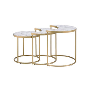 Nesting Tables (3Pc Set) â€¢ NO Storage â€¢ Half-Moon & Round Shape â€¢ Faux Marble Top â€¢ Metal Open Frame: Gold Finish<br/><br/><b>Product Features</b><ul><li>Nesting Tables (3Pc Set)</li><li>NO Storage</li><li>Half-Moon & Round Shape</li><li>Faux Marb