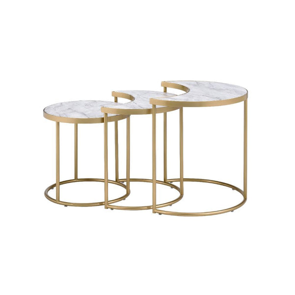 Nesting Tables (3Pc Set) â€¢ NO Storage â€¢ Half-Moon & Round Shape â€¢ Faux Marble Top â€¢ Metal Open Frame: Gold Finish<br/><br/><b>Product Features</b><ul><li>Nesting Tables (3Pc Set)</li><li>NO Storage</li><li>Half-Moon & Round Shape</li><li>Faux Marb