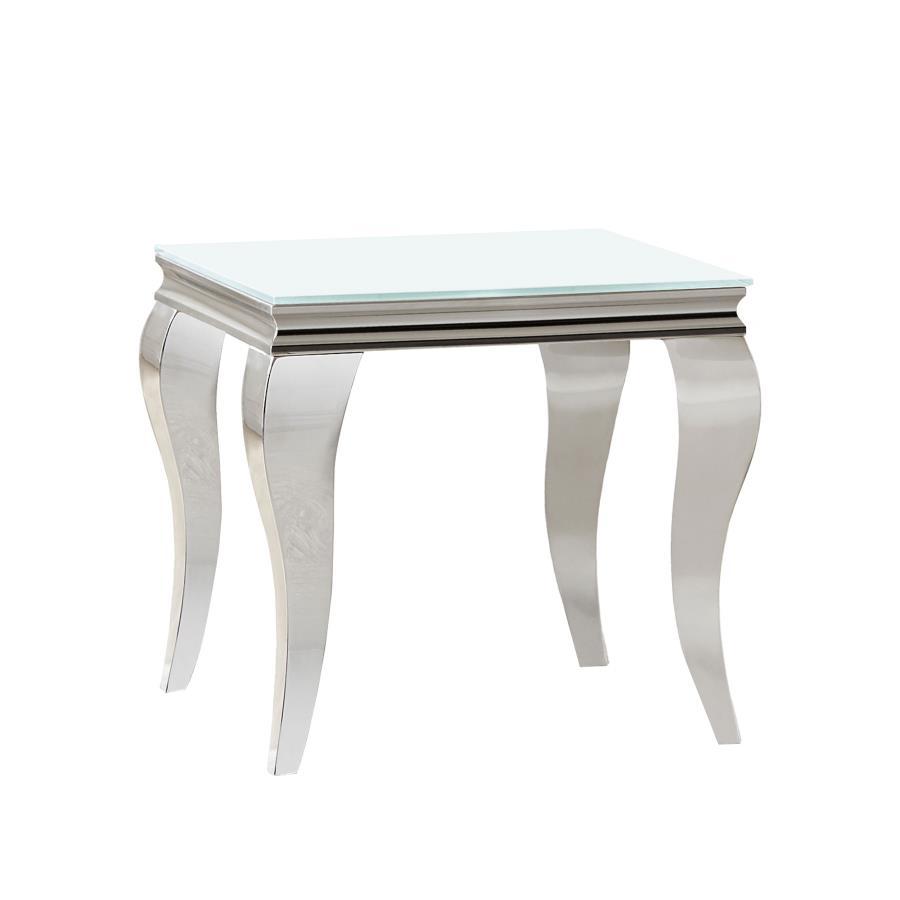 This end table exudes modern glam with a tempered beveled glass top and polished stainless steel cabriole legs. The reflective finish and gracefully curved Queen Anne style legs deliver timeless elegance and a majestic ambiance, perfect for elevating refi