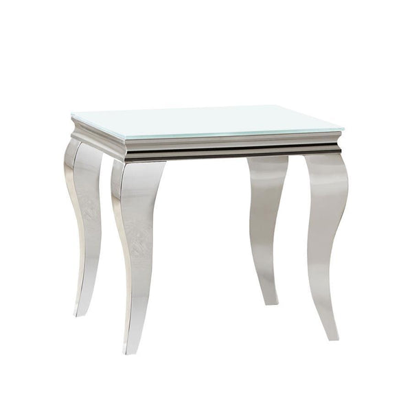 This end table exudes modern glam with a tempered beveled glass top and polished stainless steel cabriole legs. The reflective finish and gracefully curved Queen Anne style legs deliver timeless elegance and a majestic ambiance, perfect for elevating refi