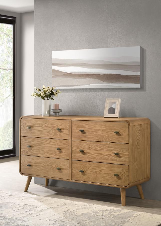 Keep your space neat and organized with this sleek mid-century modern dresser, built with pine, engineered wood, and walnut veneer for durability. Featuring six spacious drawers, it offers ample storage for clothing and accessories. Rounded edges and tape