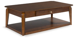 Create retro-inspired character in your living room with this coffee table. Warm and welcoming in a medium brown, its softly rounded top and tapered legs offer a mid-century appeal well-suited to styles from modern to eclectic. A spacious storage drawer k