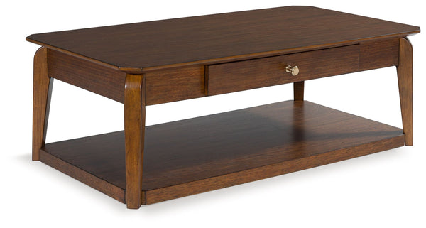 Create retro-inspired character in your living room with this coffee table. Warm and welcoming in a medium brown, its softly rounded top and tapered legs offer a mid-century appeal well-suited to styles from modern to eclectic. A spacious storage drawer k