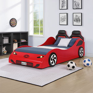 Raise up your child-'s imagination with the Colen collection car bed, available in sleek white and vibrant red finishes. Featuring a car seat style headboard with plush padding, this bed offers both comfort and style. The realistic wheel trim and LED ligh