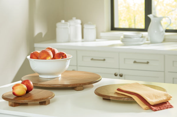  this tray set impresses with honey-hued wood full of warm