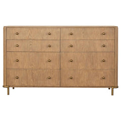 Create a modern glam vibe to your bedroom with this mid-century modern dresser. An elegant neutral tone works with numerous color palettes, presented in the sand wash finished wood. Wire-brushed finishing offers a subtle texture and organic nature to this