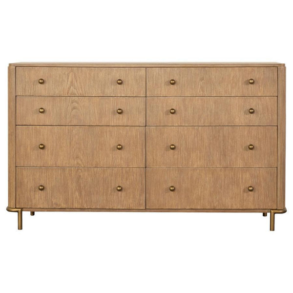 Create a modern glam vibe to your bedroom with this mid-century modern dresser. An elegant neutral tone works with numerous color palettes, presented in the sand wash finished wood. Wire-brushed finishing offers a subtle texture and organic nature to this