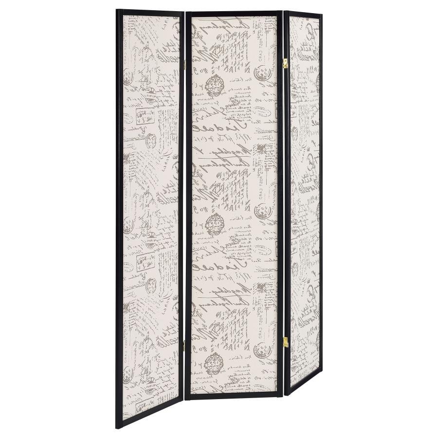 Take on an adventurous and charming design accent. A European motif adds extra artisan elegance to this three-panel screen. As a room divider or merely accent decor, it stands out and gets noticed. Printed French script fabric panels contrast beautifully 
