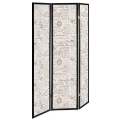 Take on an adventurous and charming design accent. A European motif adds extra artisan elegance to this three-panel screen. As a room divider or merely accent decor, it stands out and gets noticed. Printed French script fabric panels contrast beautifully 
