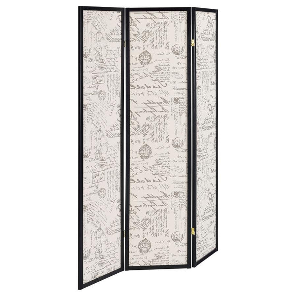 Take on an adventurous and charming design accent. A European motif adds extra artisan elegance to this three-panel screen. As a room divider or merely accent decor, it stands out and gets noticed. Printed French script fabric panels contrast beautifully 
