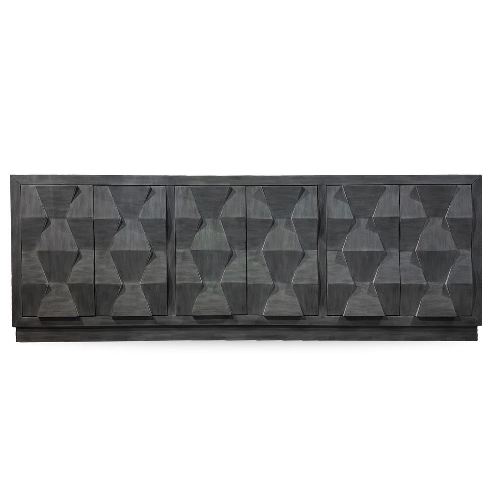 The Cortina console is a must-have for any unique home. It features a distinctive geometric design on the doors and a sturdy base for stability. This console has push-to-open doors for ease of use and is equipped with a hidden drawer and adjustable shelve