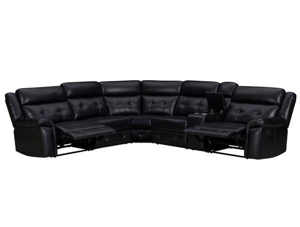  the ideal sectional that perfectly combines comfort and practicality. This sectional is perfect for any evening with its manual recline feature and a convenient console equipped with cupholders. The inherently cleanable faux leather makes ma