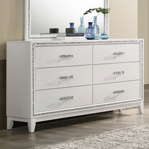 Classic design with touches of modern aspects makes this Haiden Dresser ideal for any bedroom. The piece offers a rectangular tabletop and six storage drawers for displaying or organizing. It also features a glamorous shimmering silver accent trim that ad