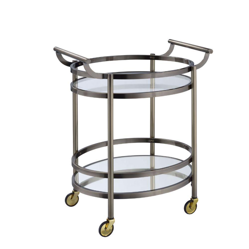 Show off your personality with the Lakelyn serving cart, featuring a metal frame finished in brushed bronze and top tray of glass and lower mirrored shelf for that glam appeal. The clear tempered glass top and mirror bottom are the ideal place for placing