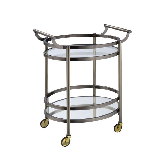 Show off your personality with the Lakelyn serving cart, featuring a metal frame finished in brushed bronze and top tray of glass and lower mirrored shelf for that glam appeal. The clear tempered glass top and mirror bottom are the ideal place for placing