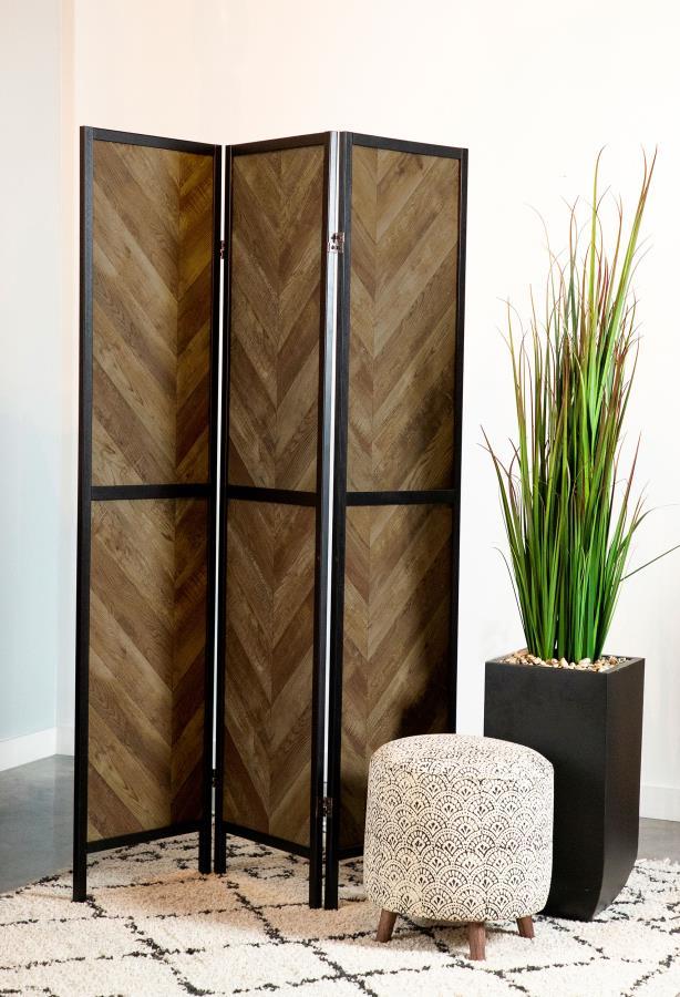 Create a stylish and functional space with this 3-panel room divider, perfect for adding privacy or an eye-catching decorative accent. Featuring a bold herringbone pattern in a warm rustic tobacco finish, this divider brings a modern farmhouse charm to an