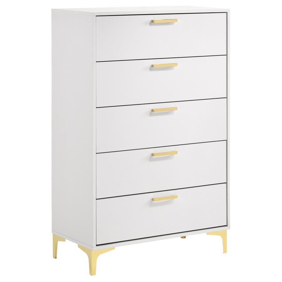 Open up your tight bedroom floor plan with this stately modern glam chest. Five spacious drawers stacked on top of one another keep garments and bedroom essentials stowed away and organized, helping you find what you need fast. A bright, white finish offe
