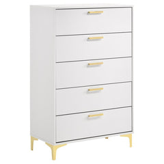 Open up your tight bedroom floor plan with this stately modern glam chest. Five spacious drawers stacked on top of one another keep garments and bedroom essentials stowed away and organized, helping you find what you need fast. A bright, white finish offe