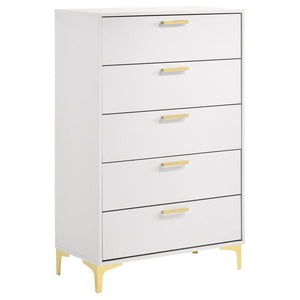 Open up your tight bedroom floor plan with this stately modern glam chest. Five spacious drawers stacked on top of one another keep garments and bedroom essentials stowed away and organized, helping you find what you need fast. A bright, white finish offe