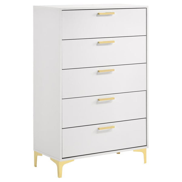 Open up your tight bedroom floor plan with this stately modern glam chest. Five spacious drawers stacked on top of one another keep garments and bedroom essentials stowed away and organized, helping you find what you need fast. A bright, white finish offe