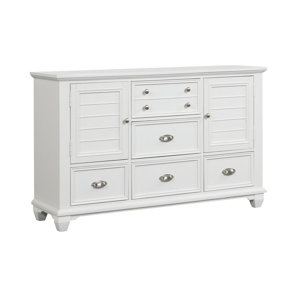 The Jamestown Wood Dresser in White offers a perfect combination of durability, style, and functionality, making it an essential addition to any bedroom. Expertly crafted from solid Acacia, premium manufactured woods, and authentic Oak veneers, this dress