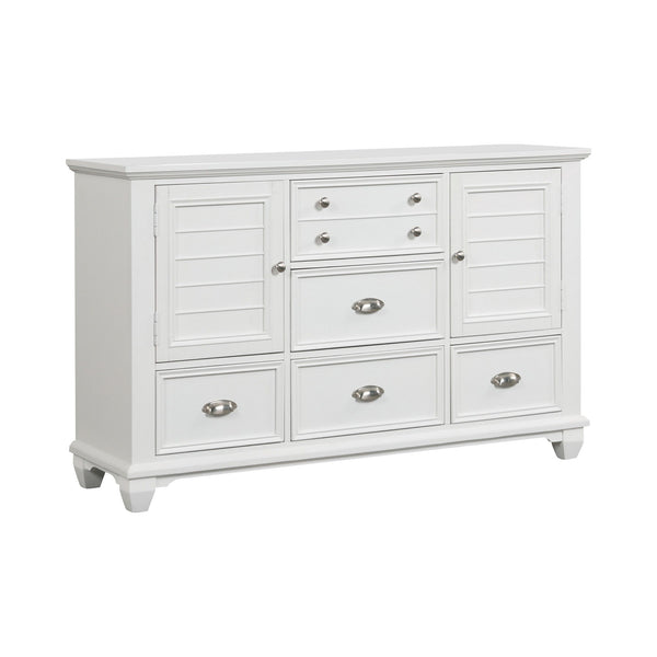The Jamestown Wood Dresser in White offers a perfect combination of durability, style, and functionality, making it an essential addition to any bedroom. Expertly crafted from solid Acacia, premium manufactured woods, and authentic Oak veneers, this dress