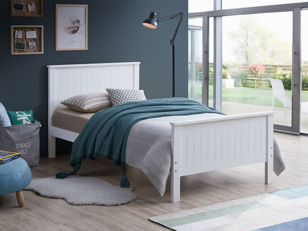 The Bungalow youth bedroom collection will create a clean and refreshing look in your child-'s bedroom. Features beadboard paneling headboard and footboard and perfectly complemented by clean styled cases. Crafted from selected woods and veneers for stren