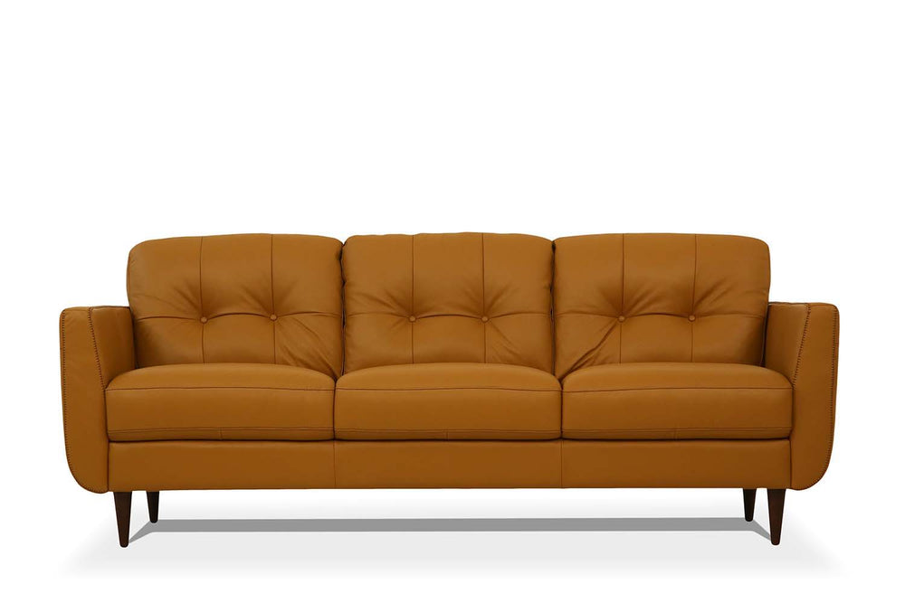 Combining the stunning visual effect of art with lines and comfort, the Radwan sofa set is one youâ€™ll want to spend lots of time in. This beautiful caramel or pesto green leather sofa features button tufted cushions with contrast tone stitching and uniq