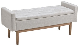 Contemporary style gets practical with this bench. The tufted beige seat cushion is hinged to allow easy access to whatever you need to hide in plain sight. The raised edges give the impression of arms on this cushioned seat while the light brown finished