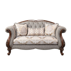 Miyeon - Loveseat w/3 Pillows - Fabric & Cherry - 72-"<br/><br/><b>Product Features</b><ul><li>Case: 1Pc/1Ctn</li><li>Finish: Fabric & Cherry</li><li>Style: Traditional</li><li>Materials: Upholstery, Solid Wood Trim & Leg</li></ul><br/>
