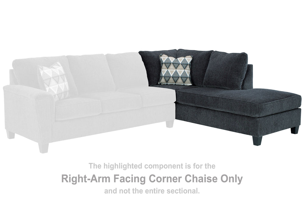 This right-arm facing corner chaise is made with polyester upholstery. Pairs with other items in the series to make a sectional.<br><br><b>Additional Dimensions</b><br><ul><li>Arm height: 27-"</li><li>Leg height: 4.5-"</li><li>Minimum width of doorway for