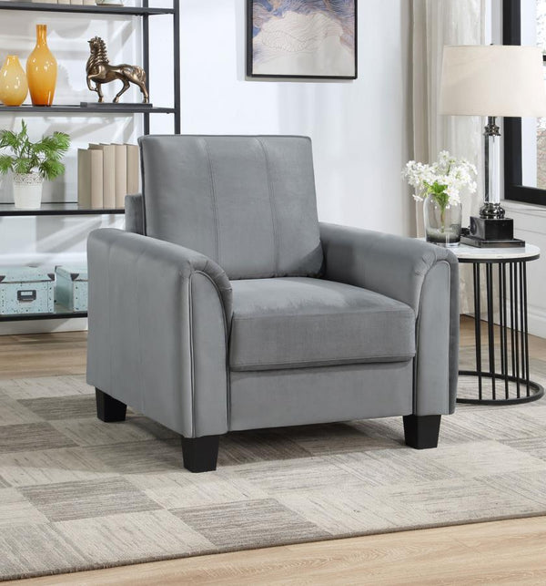  it boasts velvety soft gray upholstery that-'s on-trend and versatile in your den or living room. A plush seat cushion sits on 