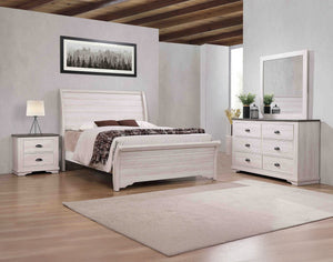 Step into a refreshing retreat with this bedroom collection that embodies a casual, coastal elegance. The centerpiece is a bed with a gently curved headboard, showcasing clean lines and a light, weathered finish that evokes a sense of beachside serenity. 