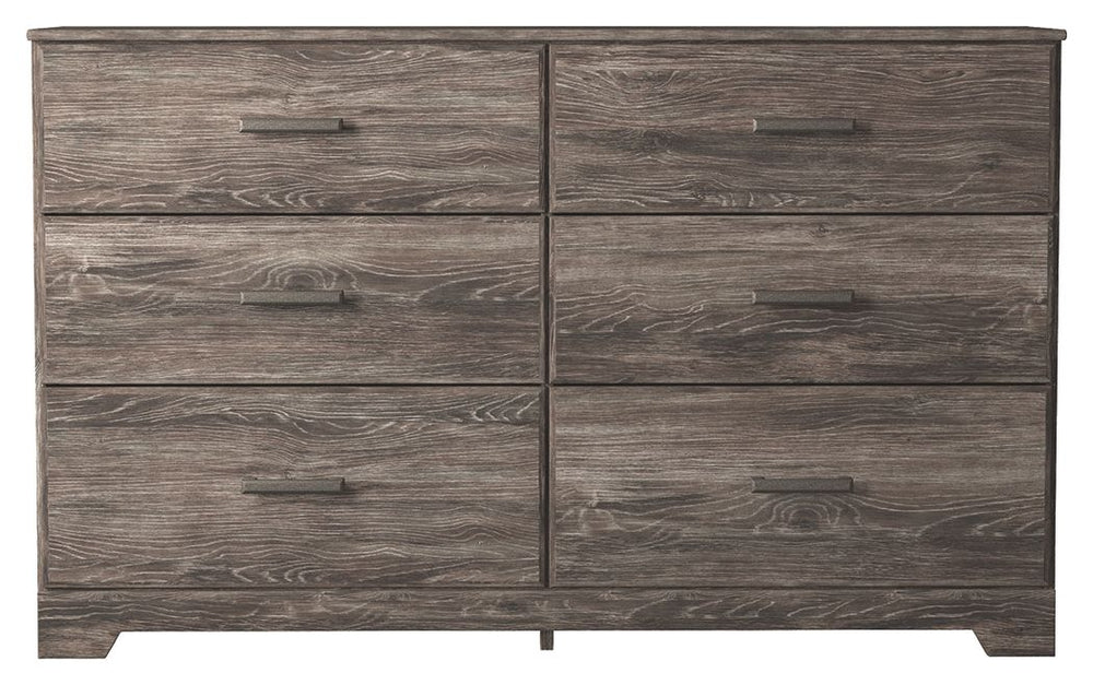 With its clean-lined look and modern attitude, this dresser is a fresh style awakening. A warm gray hue over replicated oak grain easily complements other furniture finishes. Smooth drawer fronts with antiqued pewter-tone handles complete the aesthetic.<b