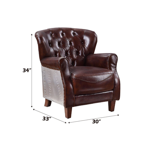  this armchair features vintage brown top grain leather upholstery with button-tufted accents