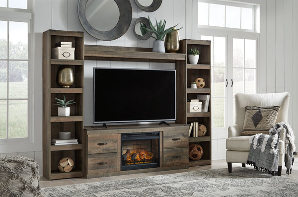 Trinell - Brown - 4-Piece Entertainment Center With 60" TV Stand And Faux Firebrick Fireplace Insert