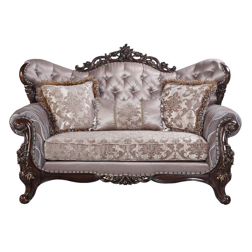 Enhance your formal living room with this elegant traditional 3-seater sofa. Part of the Wahkoowah collection, this sofa features an inner wooden frame that is sturdy. The outer wooden frame is finished with gold trimmings. Faux leather upholstery is used