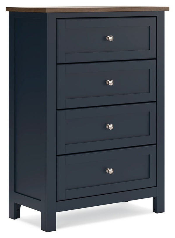 Add homespun charm to your restful retreat. A modern take on a timeless silhouette, this chest of drawers pairs a dark slate blue finish with a light brown top. Drawer fronts and legs in a classic Shaker style bring an air of beautiful simplicity to the b