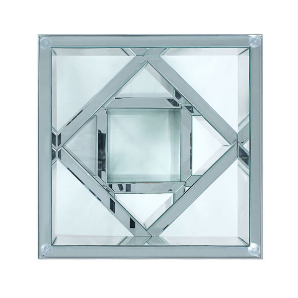  this brilliant square occasional table showcases a distinctive style for an intriguing look. The three-tier table features a fully mirrored beveled base an