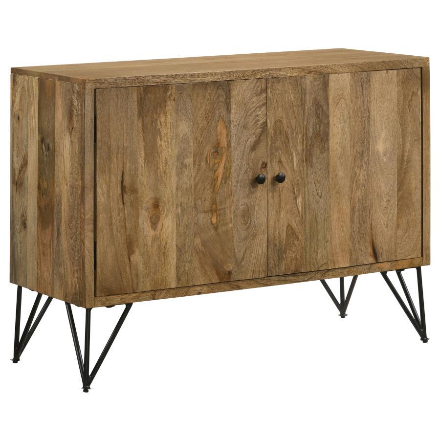 Keep essentials organized in this clutter-free, versatile, rustic accent cabinet, featuring a charming mid-century modern meets boho expression presented by a warm, natural wood finish and black tone hairpin legs. Tuck away items behind the flush double d