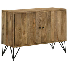Keep essentials organized in this clutter-free, versatile, rustic accent cabinet, featuring a charming mid-century modern meets boho expression presented by a warm, natural wood finish and black tone hairpin legs. Tuck away items behind the flush double d
