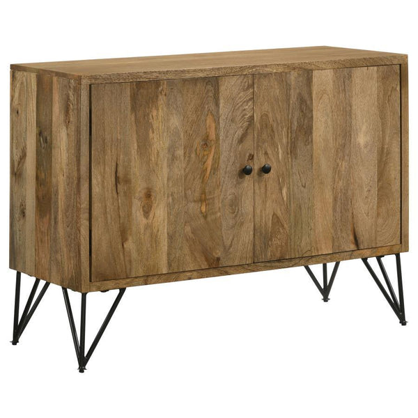 Keep essentials organized in this clutter-free, versatile, rustic accent cabinet, featuring a charming mid-century modern meets boho expression presented by a warm, natural wood finish and black tone hairpin legs. Tuck away items behind the flush double d