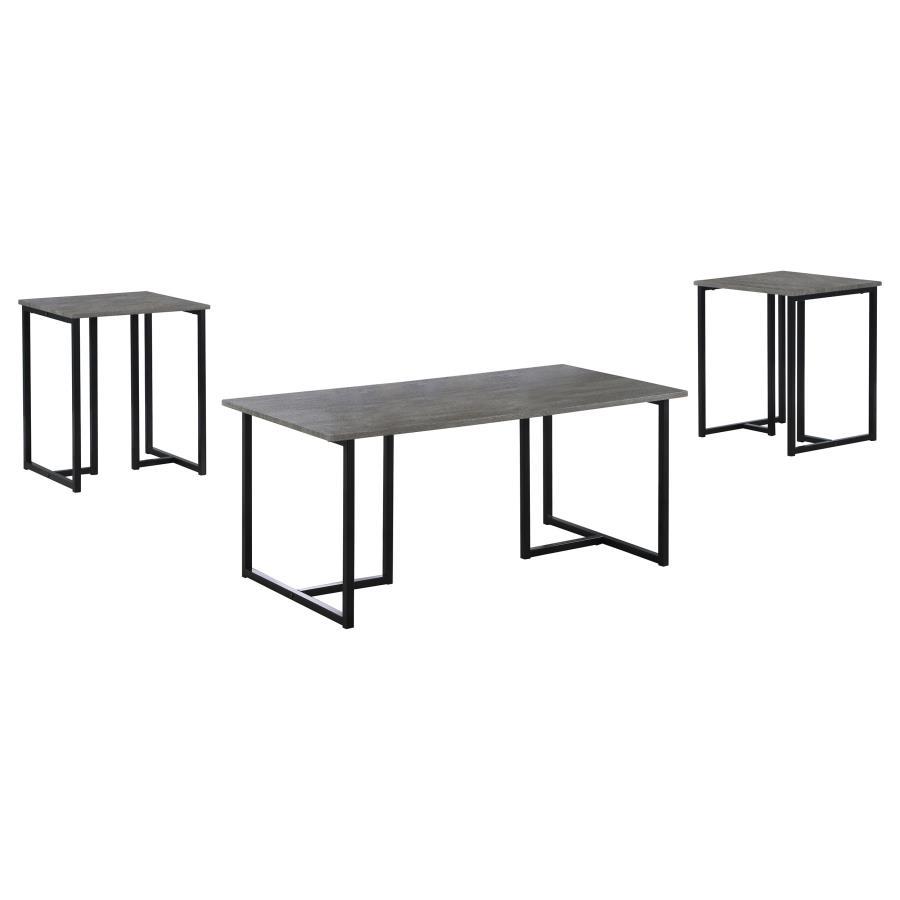 This three-piece table set includes a coffee table and two matching end tables, perfect for compact spaces such as dorm rooms or studio apartments. Each piece features a grey wood-look top made from engineered wood and laminate veneer, offering a weathere