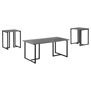 This three-piece table set includes a coffee table and two matching end tables, perfect for compact spaces such as dorm rooms or studio apartments. Each piece features a grey wood-look top made from engineered wood and laminate veneer, offering a weathere