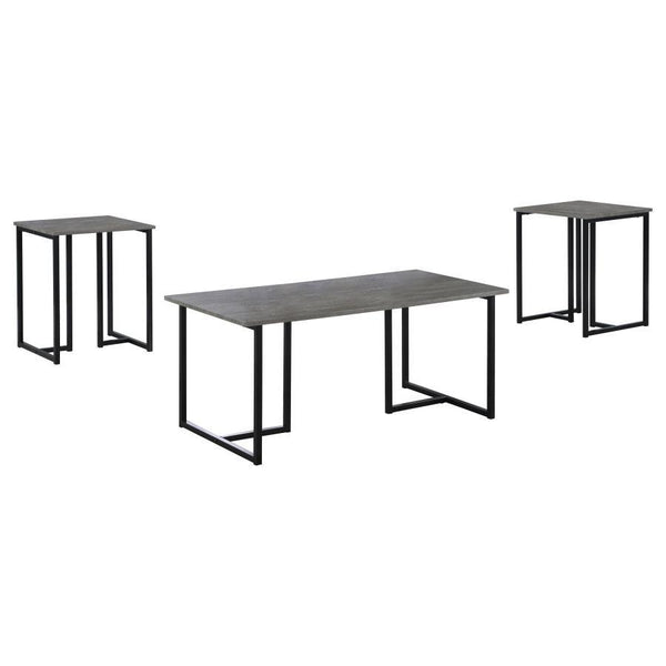 This three-piece table set includes a coffee table and two matching end tables, perfect for compact spaces such as dorm rooms or studio apartments. Each piece features a grey wood-look top made from engineered wood and laminate veneer, offering a weathere
