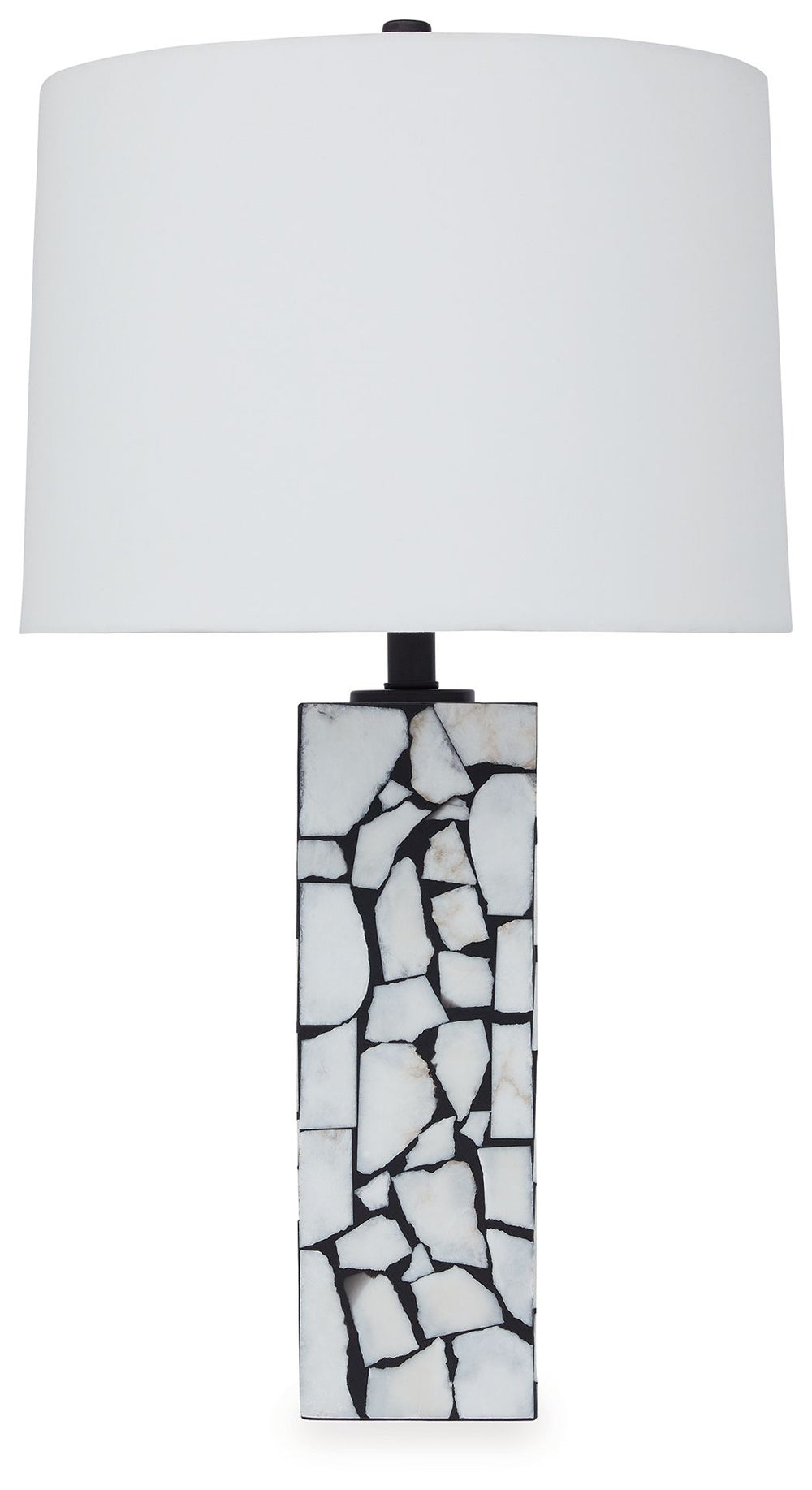 This exquisite table lamp is artfully adorned, with a mosaic pattern of white marble playing beautifully against a black background. Complemented by a modified drum shade for a sophisticated sensibility, the lamp casts an elegant glow in the entryway or l