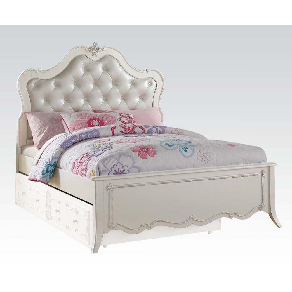 Create the dream bedroom for your little girl with Edalene collection. Beautiful accents are seen throughout including clear rosette knobs and tapered legs. The bed features a pearl white tufted headboard. With many storage options and details like floral